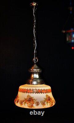 Vintage Art deco School house hand painted Opaline glass pendant light C-1930s