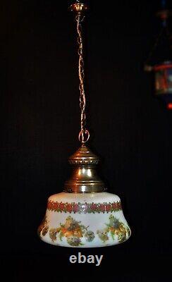 Vintage Art deco School house hand painted Opaline glass pendant light C-1930s
