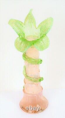 Vintage Beautiful Art Glass Palm Tree Opaline Green Pink Tropical Vase Florida