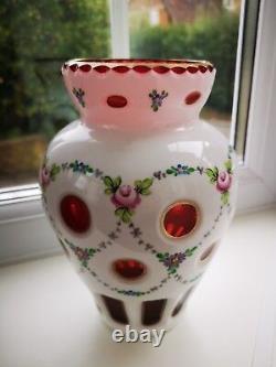 Vintage Bohemian / Czech opaline & Ruby Overlay floral design art glass vase