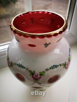 Vintage Bohemian / Czech opaline & Ruby Overlay floral design art glass vase