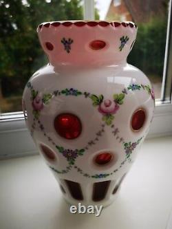 Vintage Bohemian / Czech opaline & Ruby Overlay floral design art glass vase