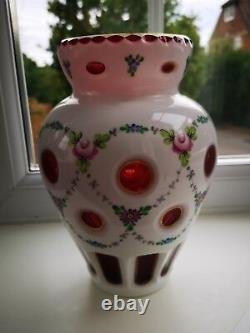 Vintage Bohemian / Czech opaline & Ruby Overlay floral design art glass vase