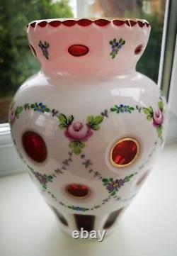 Vintage Bohemian / Czech opaline & Ruby Overlay floral design art glass vase