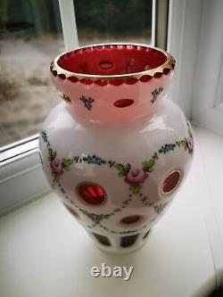 Vintage Bohemian / Czech opaline & Ruby Overlay floral design art glass vase