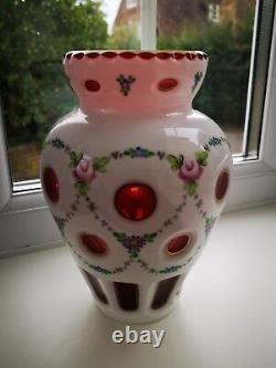 Vintage Bohemian / Czech opaline & Ruby Overlay floral design art glass vase