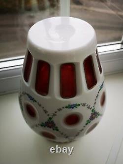 Vintage Bohemian / Czech opaline & Ruby Overlay floral design art glass vase