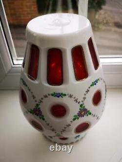 Vintage Bohemian / Czech opaline & Ruby Overlay floral design art glass vase