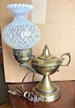 Vintage Brass Genie Lamp Fenton Snowflake Glass Shade Rare Opalescent Ruffled