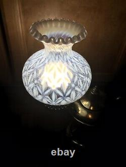 Vintage Brass Genie Lamp Fenton Snowflake Glass Shade Rare Opalescent Ruffled