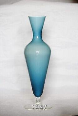 Vintage Cased Blue Opaline Glass Footed Vase Italy Empoli 70s 9.44in Space Age