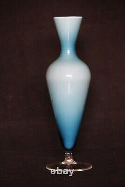 Vintage Cased Blue Opaline Glass Footed Vase Italy Empoli 70s 9.44in Space Age