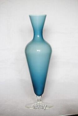 Vintage Cased Blue Opaline Glass Footed Vase Italy Empoli 70s 9.44in Space Age