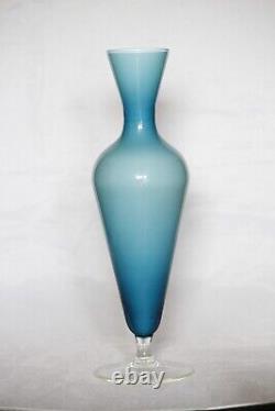 Vintage Cased Blue Opaline Glass Footed Vase Italy Empoli 70s 9.44in Space Age