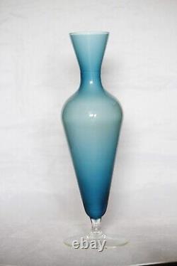 Vintage Cased Blue Opaline Glass Footed Vase Italy Empoli 70s 9.44in Space Age