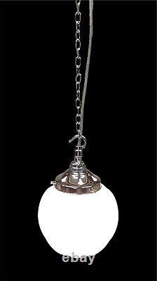 Vintage Chrome And White Opaline Milk Glass Pendant Lamp. Pumpkin Shaped Shade