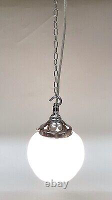 Vintage Chrome And White Opaline Milk Glass Pendant Lamp. Pumpkin Shaped Shade