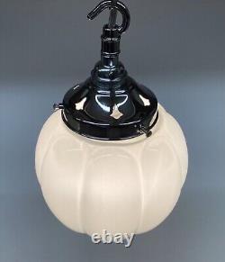 Vintage Chrome And White Opaline Milk Glass Pendant Lamp. Pumpkin Shaped Shade
