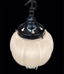 Vintage Chrome And White Opaline Milk Glass Pendant Lamp. Pumpkin Shaped Shade