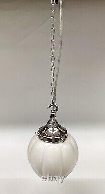 Vintage Chrome And White Opaline Milk Glass Pendant Lamp. Pumpkin Shaped Shade