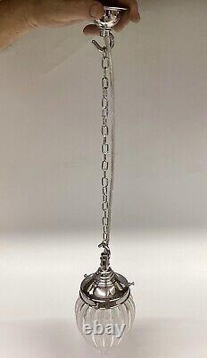 Vintage Chrome And White Opaline Milk Glass Pendant Lamp. Pumpkin Shaped Shade