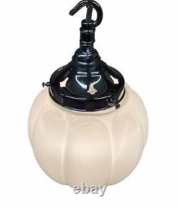Vintage Chrome And White Opaline Milk Glass Pendant Lamp. Pumpkin Shaped Shade
