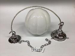 Vintage Chrome And White Opaline Milk Glass Pendant Lamp. Pumpkin Shaped Shade