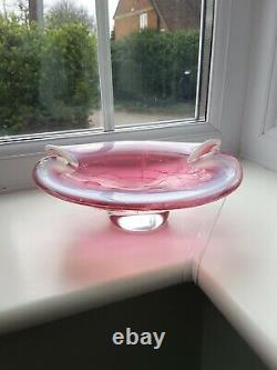 Vintage Czech Ruby Opalescent Bullicante Lines Art Glass Vase