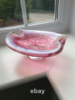 Vintage Czech Ruby Opalescent Bullicante Lines Art Glass Vase