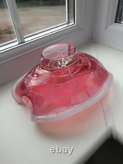 Vintage Czech Ruby Opalescent Bullicante Lines Art Glass Vase