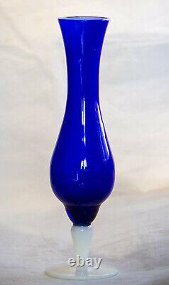 Vintage Dark Blue Opaline Cased Stem Vase Italy 70s 22cm 8.6in Empoli Cobalt