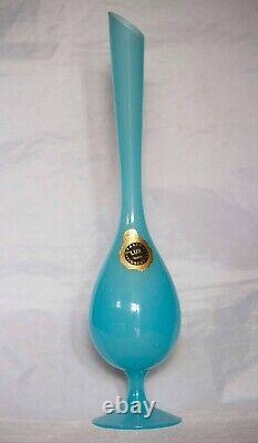 Vintage Empoli Tall Italian Blue Opaline Vase 13in Original label Opalina Lux