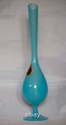 Vintage Empoli Tall Italian Blue Opaline Vase 13in Original label Opalina Lux