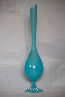 Vintage Empoli Tall Italian Blue Opaline Vase 13in Original label Opalina Lux