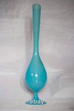 Vintage Empoli Tall Italian Blue Opaline Vase 13in Original label Opalina Lux