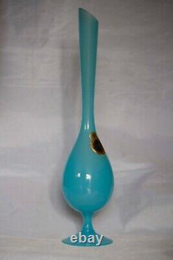 Vintage Empoli Tall Italian Blue Opaline Vase 13in Original label Opalina Lux