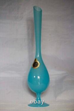 Vintage Empoli Tall Italian Blue Opaline Vase 13in Original label Opalina Lux