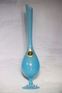 Vintage Empoli Tall Italian Blue Opaline Vase 13in Original label Opalina Lux