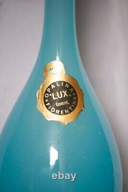 Vintage Empoli Tall Italian Blue Opaline Vase 13in Original label Opalina Lux