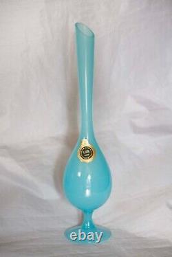 Vintage Empoli Tall Italian Blue Opaline Vase 13in Original label Opalina Lux