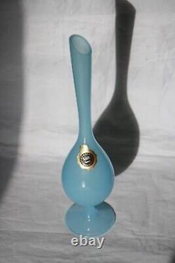 Vintage Empoli Tall Italian Blue Opaline Vase 13in Original label Opalina Lux
