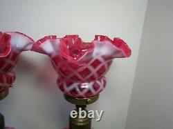 Vintage FENTON Cranberry Diamond Opalescent Lamp PAIR Marble Base