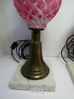 Vintage FENTON Cranberry Diamond Opalescent Lamp PAIR Marble Base