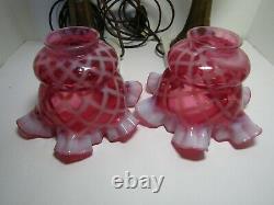 Vintage FENTON Cranberry Diamond Opalescent Lamp PAIR Marble Base