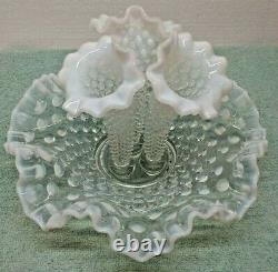 Vintage FENTON HOBNAIL GLASS OPALESCENT EPERGNE 3 HORNS BOWL VASE