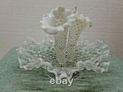 Vintage FENTON HOBNAIL GLASS OPALESCENT EPERGNE 3 HORNS BOWL VASE