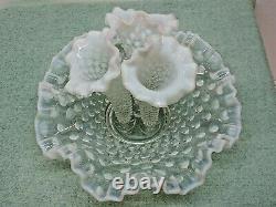 Vintage FENTON HOBNAIL GLASS OPALESCENT EPERGNE 3 HORNS BOWL VASE