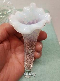 Vintage FENTON HOBNAIL GLASS OPALESCENT EPERGNE 3 HORNS BOWL VASE