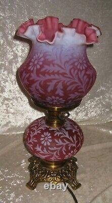 Vintage FENTON L. G. Wright Daisy & Fern Satin Cranberry Opalescent LAMP 14 1/2