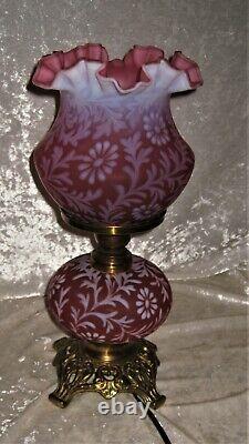 Vintage FENTON L. G. Wright Daisy & Fern Satin Cranberry Opalescent LAMP 14 1/2
